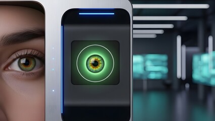 A futuristic smartphone with biometric eye scanning technology in a modern office