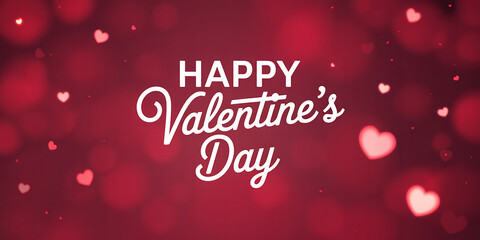 Happy Valentines Day message in white script with glowing pink heart bokeh and small heart accents on a red gradient