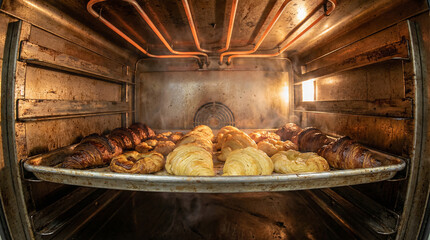 Warm, Golden Brown Pain au Chocolat Freshly Baking in a Steaming Commercial Oven, a Delicious Morning Treat