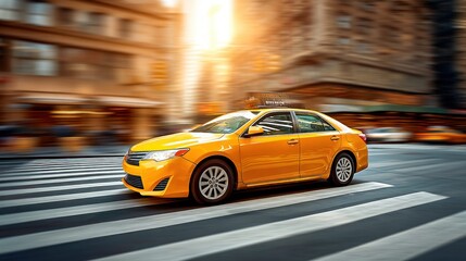 A yellow taxi speeds across a busy city street, creating a sense of motion and urban life.