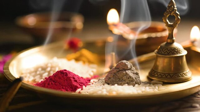 Hindu Pooja Thali Items Ritual Bell Incense Smoke Mahashivratri
