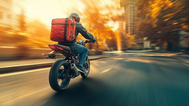 A motorcycle courier rapidly delivers food through the city streets at dusk in a dynamic scene.