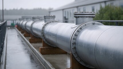 Long industrial metal pipes stretch into the distance on a wet rainy day at an industrial facility