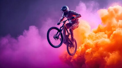 A mountain biker soars mid-air against a stunning backdrop of vivid, colored smoke and energy.