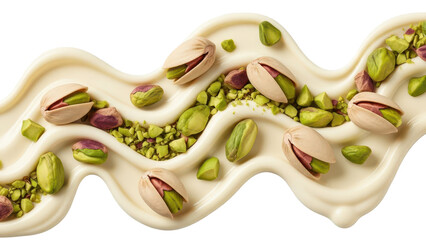 Pistachio nut meat on white chocolate swirl isolated on transparent background green kernel