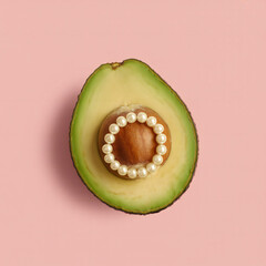Avocado half with pearl necklace on pit, pink background