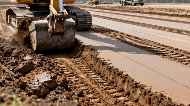 Medium shot of heavy machinery stripping moist topsoil highlighting texture differences and smooth site preparation for construction projects.