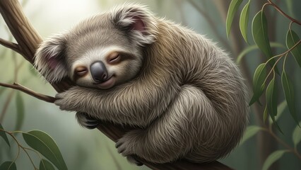 Obraz premium A koala bear sleeping on a tree branch in a forest setting.