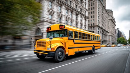 Obraz premium Yellow school bus speeding down a city street