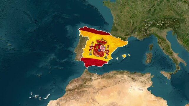 Spain is highlighted on a European map with its flag