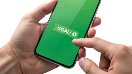 Hands Using Smartphone with 'Goal!' Displayed transparent background