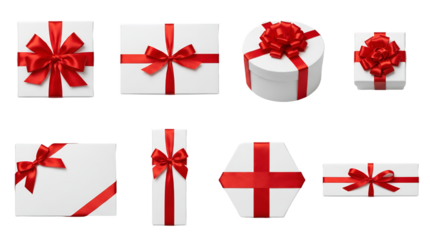 White gift box set including rectangular, square, round, and hexagonal shapes with red ribbon bows isolated. Christmas and holiday present collection.