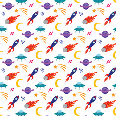 cute space seamless pattern with rockets and planets