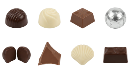 Gourmet chocolate set including dark, white, and milk truffles with shell and pyramid shapes isolated. Assorted confectionery and candy collection.