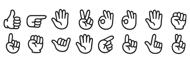  cartoon hands in white gloves showing various gestures like thumbs up, peace sign, pointing, fist, and open palms. © Daishin