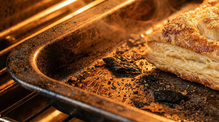 Baked Pain au Chocolat Macro Detail Featuring Charred Pastry Flakes in Oven
