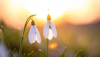 Zarte weiße Schneeglöckchen stehen im frischen Frühlingsgras und werden von warmem Licht des Sonnenuntergangs umhüllt.