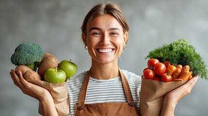 Happy woman showing fresh produce, promoting healthy eating and a balanced diet.