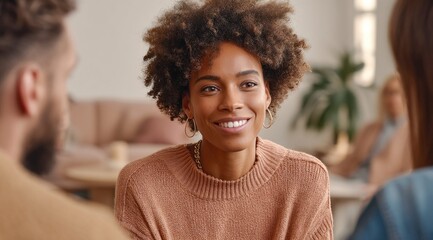 A smiling Black woman in a group setting, radiating positivity and joy during a meeting.