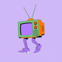 Colorful cartoon television character with legs and shoes walking alone
