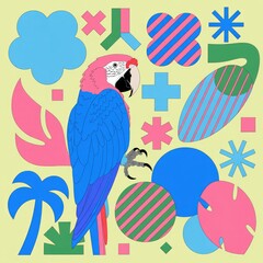 Vibrant parrot surrounded by colorful shapes and tropical elements