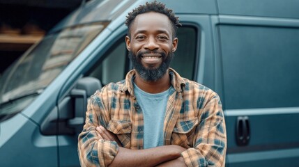 A friendly delivery driver poses with a cheerful smile in front of his van, ready to serve.