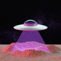 UFO Spaceship Landing on Desert Mountain with Purple Light Beam