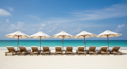 Fototapeta premium Five empty wooden lounge chairs sit beneath white sun umbrellas lined up on a bright tropical beach facing turquoise ocean water under a clear blue sky