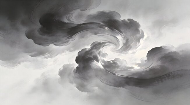 Professional digital art of abstract soft clouds forming gentle swirls, monochromatic gray tones wit