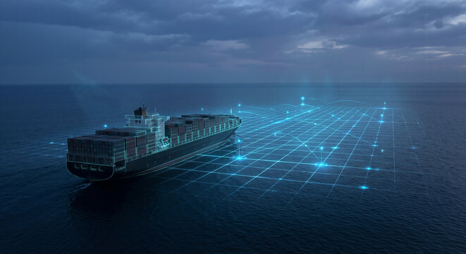 Modern container vessel with glowing data nodes and a network grid on the ocean surface for intelligent maritime shipping operations