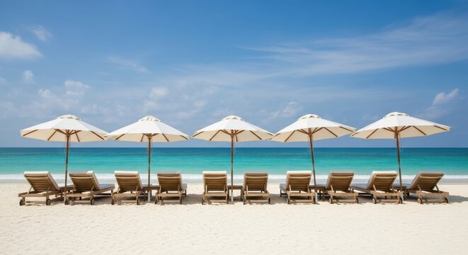 Five empty wooden lounge chairs sit beneath white sun umbrellas lined up on a bright tropical beach facing turquoise ocean water under a clear blue sky - Powered by Adobe