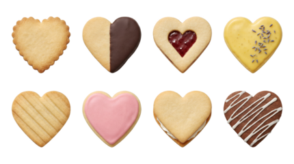 Heart sugar cookie set including chocolate dipped, jam filled, lavender glazed, and frosted sandwich variants. Romantic dessert and pastry collection.