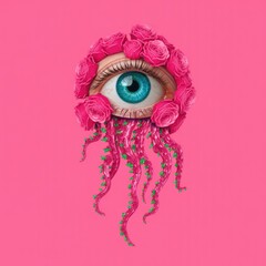 Surreal pink eye with roses and tentacles on solid background