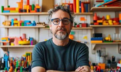 A middle-aged man in glasses stands confidently in his colorful, creative workshop setting.