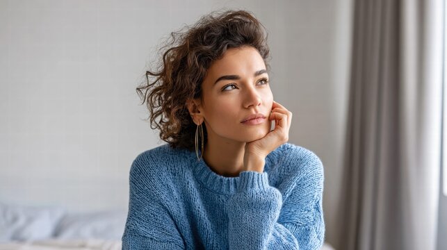 Thoughtful woman looking up with a pensive expression