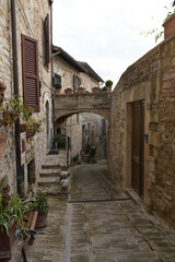 Charming narrow alleyway in the historic center of Spello, Umbria, Italy, lined with stone buildings, potted plants, and flowering balconies.