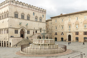 The Fontana Maggiore in Perugia, Italy, a 13th-century sculpted fountain by Nicola and Giovanni Pisano, located in Piazza IV Novembre.