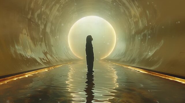 Solitary woman stands in shallow water at glowing tunnel video LoFi animation. Silhouette in ambient surreal ripples. Animated Lo-Fi 4K motion graphics with floating dust particles