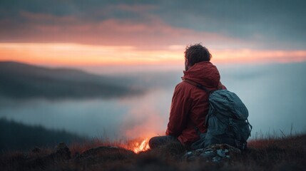 Fototapeta premium Man enjoying a scenic sunset after a hike
