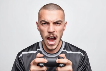 An intense gamer is screaming while holding a game controller, captured in close-up shot.