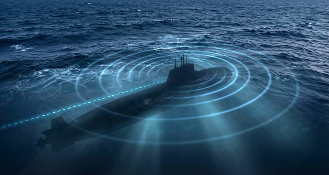 Submarine submerged in deep blue water emitting circular sonar pulses to detect surface vessels and underwater obstacles for naval defense.