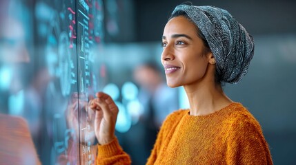 A tech professional smiles while interacting with data on a screen.