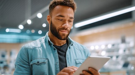 A man with a beard uses a tablet, perhaps shopping or researching products.