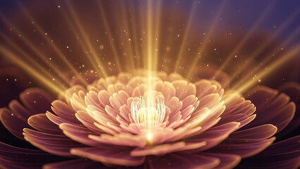 Abstract flower with golden light rays emanating from its center, creating a magical and ethereal atmosphere.