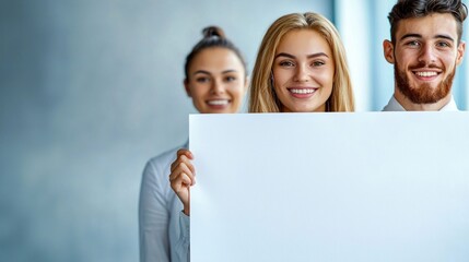 A diverse group of smiling colleagues hold a blank white sign for advertising their company.