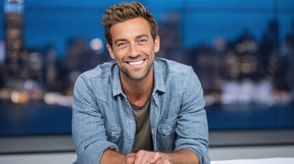 A professional man smiles warmly, exuding positivity in a studio environment with a blurred backdrop.