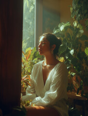 Peaceful woman sitting near a window with plants, breathing calmly, soft warm light