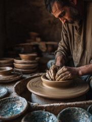 Local artisan shaping pottery in a traditional workshop, earthy natural colors, soft window light