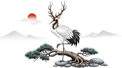 Fototapeta premium A majestic crane bird perched on a branch with a red sun and mountains in the background.