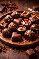 Assorted Gourmet Chocolate Truffles and Bonbons on Rustic Wooden Plate with Cocoa and Chocolate Pieces, Luxury Valentine&rsquo;s Dessert Close-Up